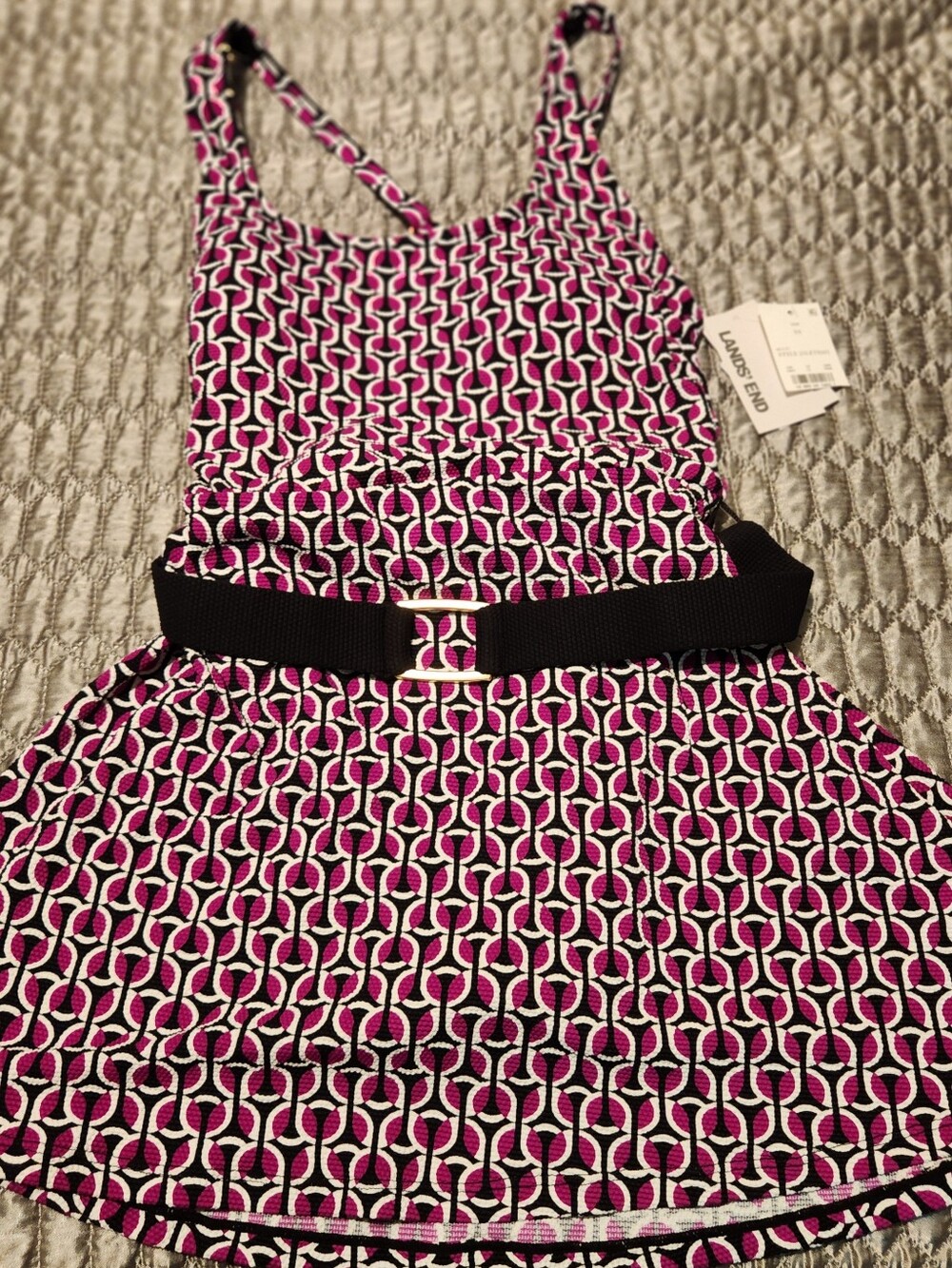 NWT Lands' End SIZE XSMALL Pink & Black Geometric Belted Dress SWIMSUIT
